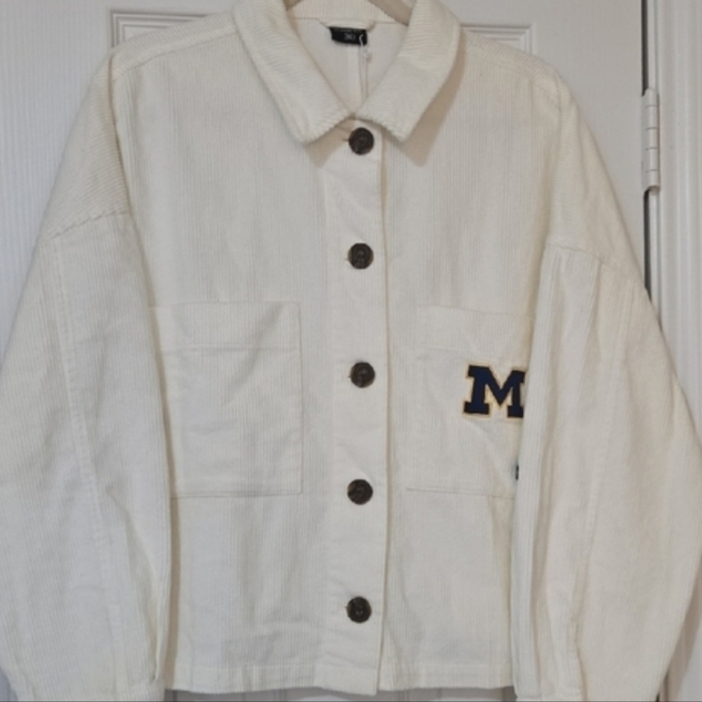 Women's Michigan Wolverines Varsity Jacket - Cream Two Pocket Embroidered M